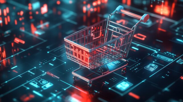 Sale promotion poster design with shopping cart digital future concept.