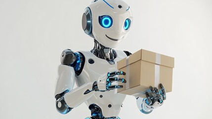 Naklejka premium A white and blue futuristic robot holding a box package.