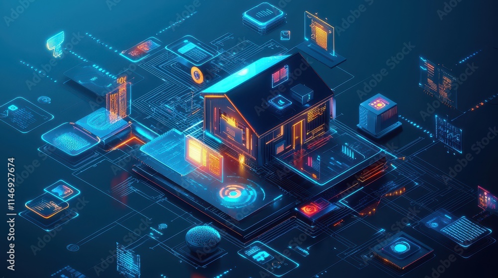 Aufkleber futuristic smart home concept with interconnected devices and digital interfaces
