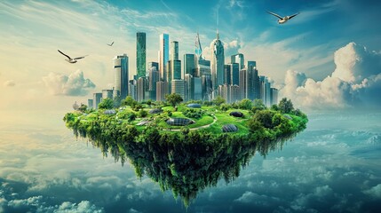 Futuristic Sustainable Cityscape with Green Spaces and Urban Nature Integration Under a Bright Sky