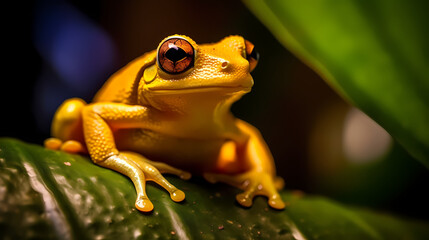   Red eyed yellow frog sitting on a leaf showcasing its colorful and tropical features
