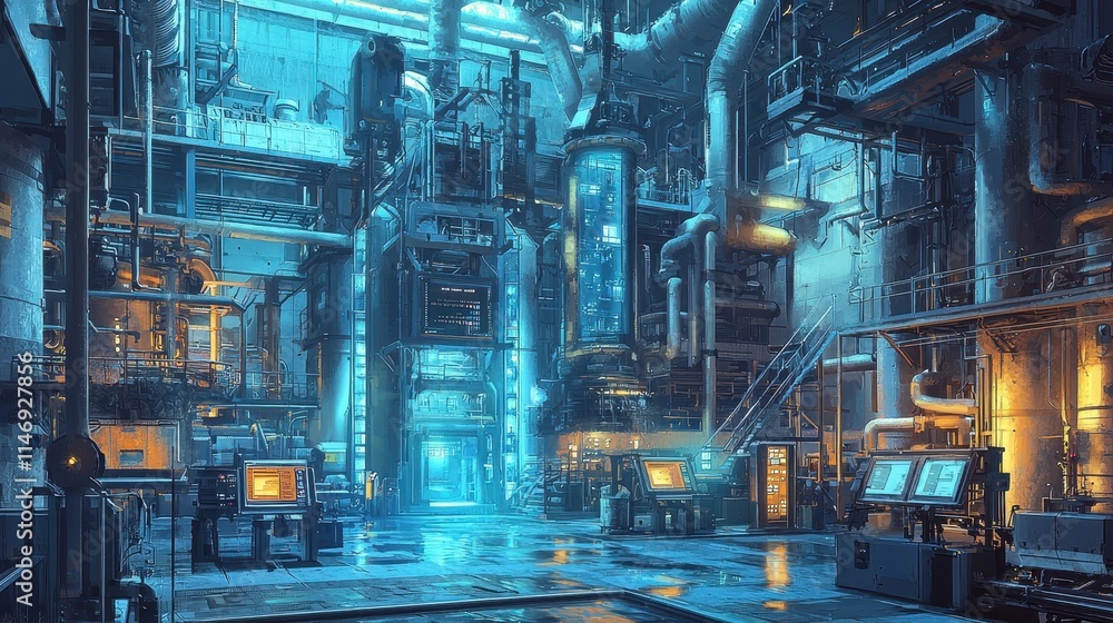 Poster advanced industrial facility with ai-driven systems and modern technology in a futuristic environmen