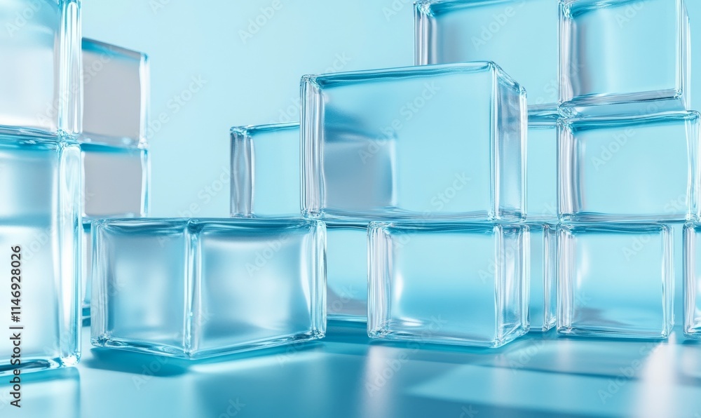 Poster frosted glass blocks on a blue surface. visionary tech design with copy space.