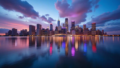 Fototapeta premium Breathtaking twilight skyline showcasing vibrant city lights reflected in serene waters beneath a colorful sky