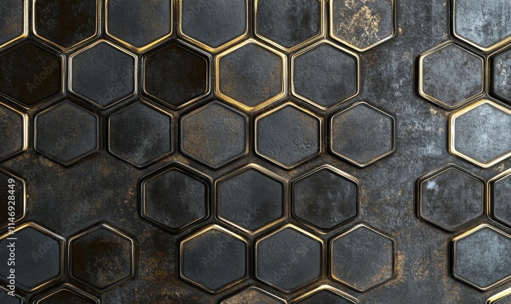 Poster futuristic, high tech, dark background, with a hexagonal cellular structure. wall texture with a 3d 