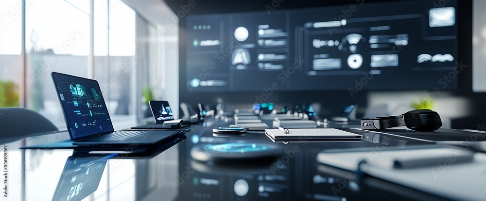 Poster modern conference room with technology and data visualization displays.