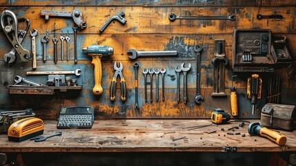 A wooden table with various tools such as hammer, wrench, screwdriver, nuts, nails, pliers, etc. scattered on it.