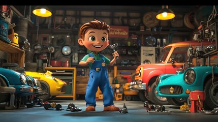 Fototapeta premium Cartoon-style 3D caricature of a cheerful boy wearing blue mechanic overalls, holding a wrench, surrounded by colorful cars, spare parts, and tools in a bustling garage setting.