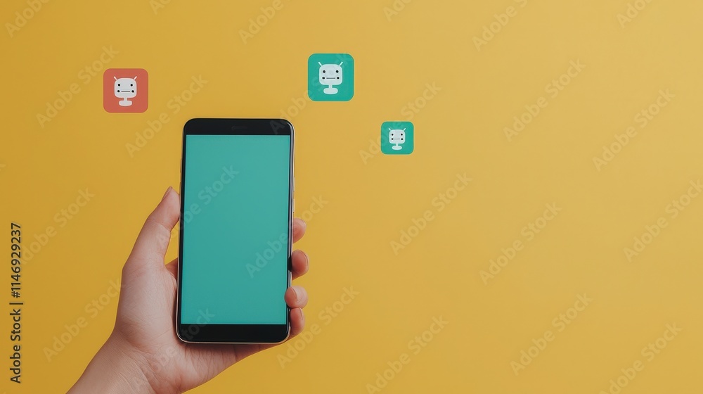 Poster hand holding smartphone with blank screen surrounded by colorful icons on yellow background for digi