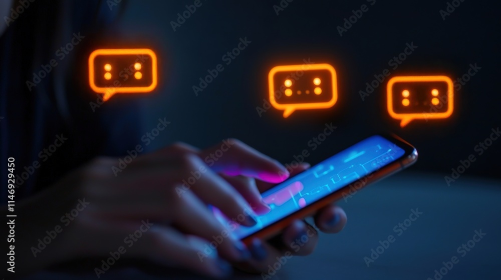 Poster close-up of a person using a smartphone at night showcasing a dimly lit screen with digital chat bub