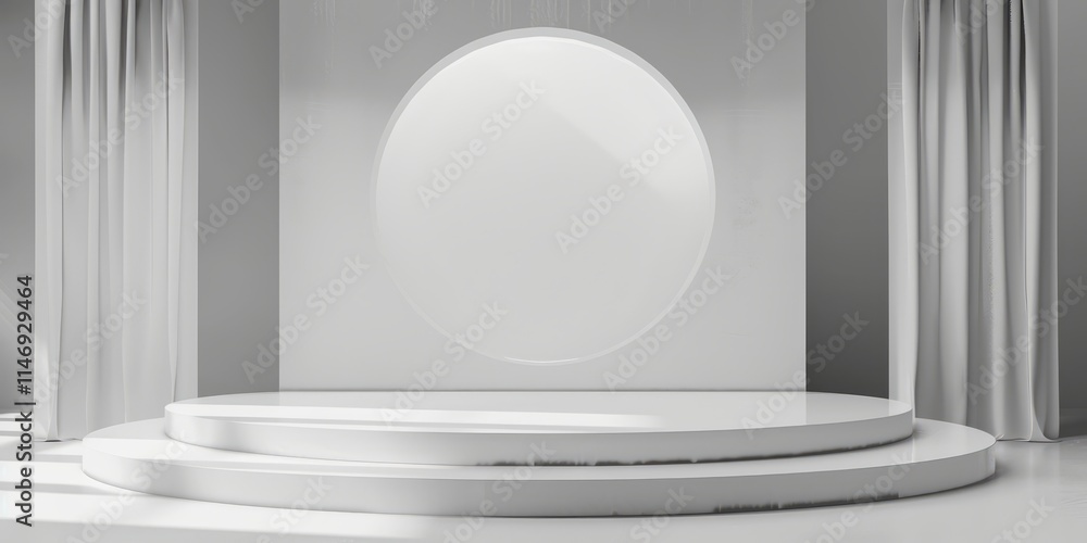 Poster a minimalist white stage with a circular backdrop and draped curtains in a modern studio setting, pe