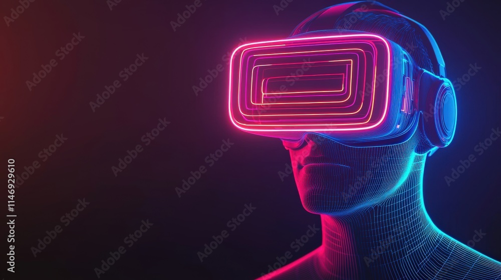 Poster neon lit virtual reality experience with futuristic headset and wireframe man in a dark background c