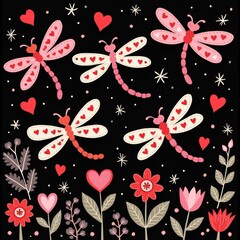 Fototapeta premium Lovely Pink Dragonfly Hearts Valentines Day Art Print