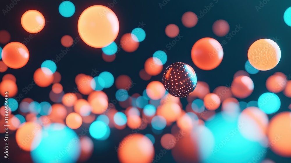 Poster vibrant abstract composition of floating colorful spheres in vivid blue and orange hues with a soft 