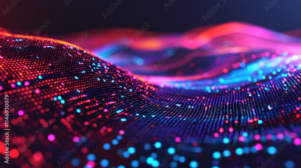 Poster vibrant digital wave with colorful particles flowing in a futuristic landscape of light, abstraction