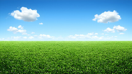 A serene landscape featuring lush green grass under a clear blue sky with fluffy clouds.