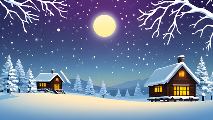 Fototapeta premium Snowy winter landscape with illuminated wooden cabins under full moon