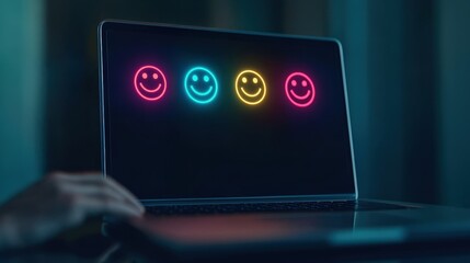 Vibrant Neon Smiley Faces Displayed on a Laptop Screen Creating a Playful and Engaging Mood in a Dark Environment for Creative Inspiration