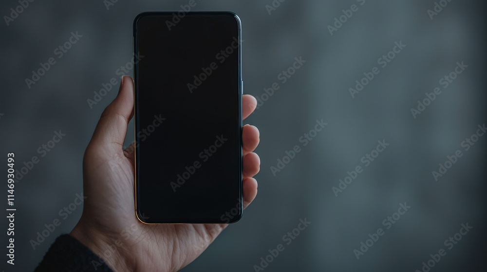 Poster hand holding a modern smartphone displaying a black screen against a soft focus background emphasizi