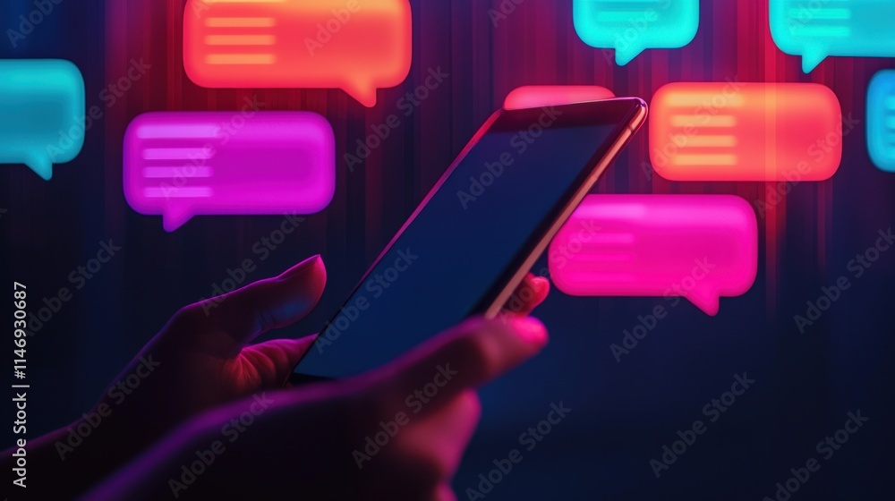 Poster vibrant digital communication: close-up of a hand holding a smartphone with colorful speech bubbles 