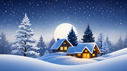 Fototapeta premium Cozy wooden cabins covered in snow under a full moon on a winter night