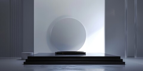 Minimalist art installation featuring geometric shapes and a monochrome palette in a contemporary gallery setting.