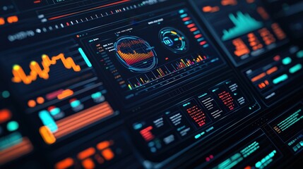 Obraz premium Futuristic Data Visualization Interface with Colorful Graphs, Charts, and Analytics Displaying Financial and Statistical Trends on a Digital Dashboard