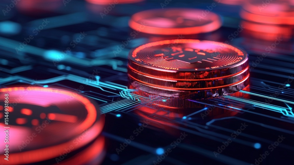 Poster futuristic digital cryptocurrency coins on a circuit board background representing blockchain techno