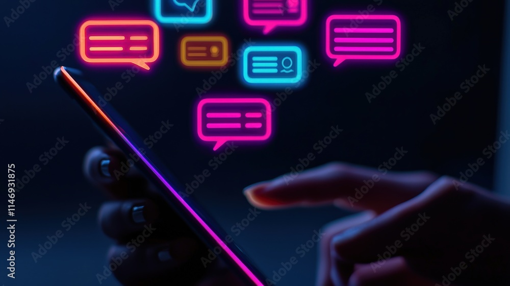 Poster vibrant digital communication concept with neon message bubbles floating above a hand holding a smar