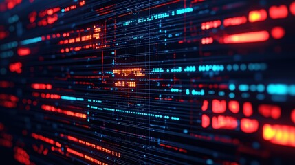 Obraz premium Abstract Digital Data Stream in Blue and Red Colors, Representing Cyber Technology, Network Communication, and Modern Information Systems on a Dark Background