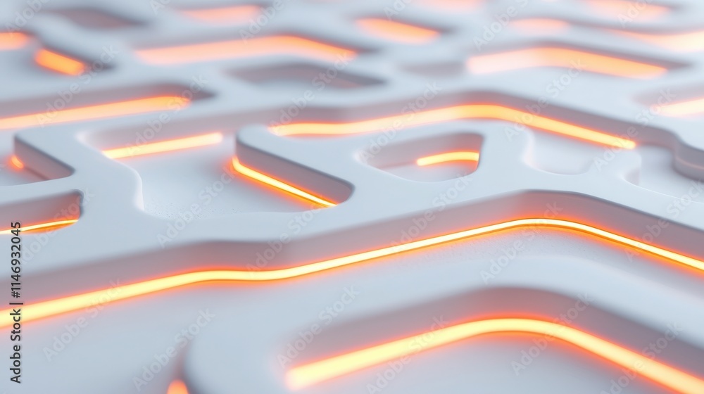 Poster abstract close-up of a modern white surface with glowing orange lines in a unique maze-like pattern,