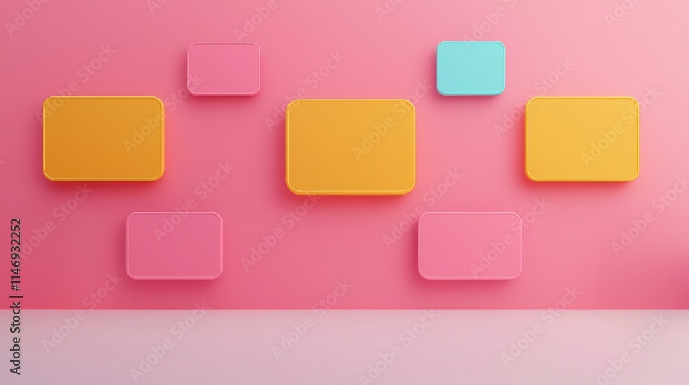Poster colorful rectangular frames on a bright pink wall creating a playful and vibrant background ideal fo