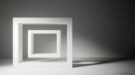 Three nested white squares casting shadows in a minimalistic setting.