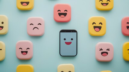 Colorful smartphone surrounded by emoji-themed icons in vibrant pastel colors, digital communication, emotions, and social interactions in a playful setting