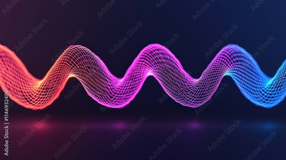 Poster colorful 3d waveform representation with vibrant glow and gradients against dark background, showcas
