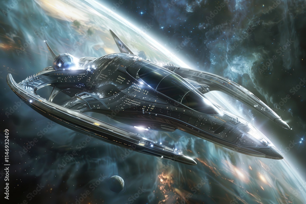 Leinwandbilder spaceship exploring a distant planet during twilight in a vibrant cosmic landscape with stars and cl