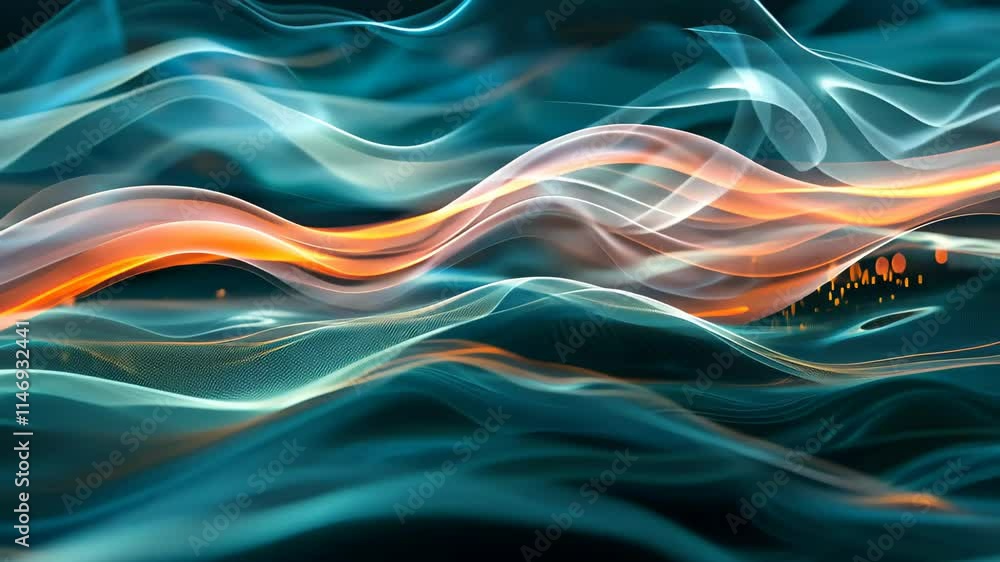Poster vibrant waves flow gracefully, illuminated by shimmering particles, creating an enchanting underwate