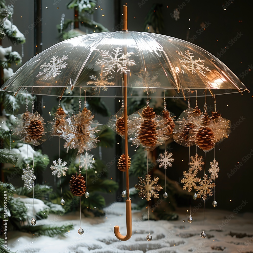 Poster an umbrella-shaped device made of pine leaves and pine cones is hung in the air indoors. crystal cle
