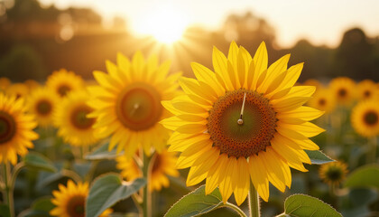 Obraz premium Sunflowers basking in the warm glow of evening light under a clear sky in a vibrant field