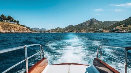 Boat on the water, with a clear sky and some clouds in the background.