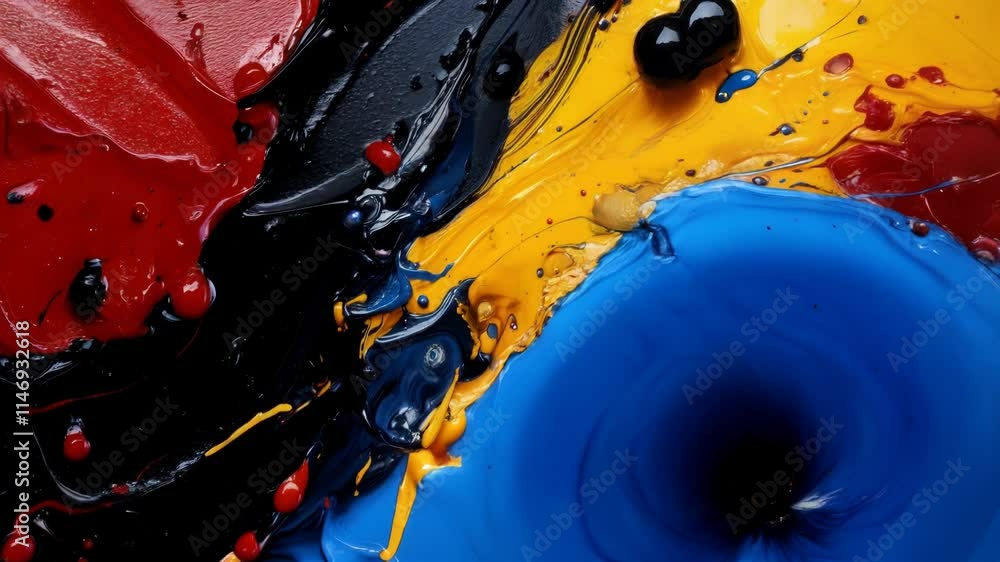Aufkleber bold colors blend and contrast as paint drips and splashes create an abstract pattern on a surface. 