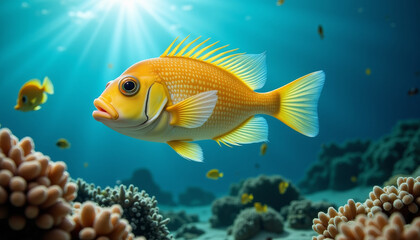 Fototapeta premium Vibrant yellow fish gracefully swims amidst colorful coral reefs in a serene underwater world