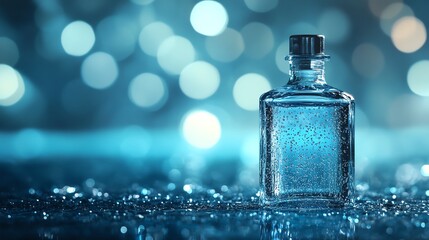 Elegant glass bottle glimmering in soft blue light with droplets.