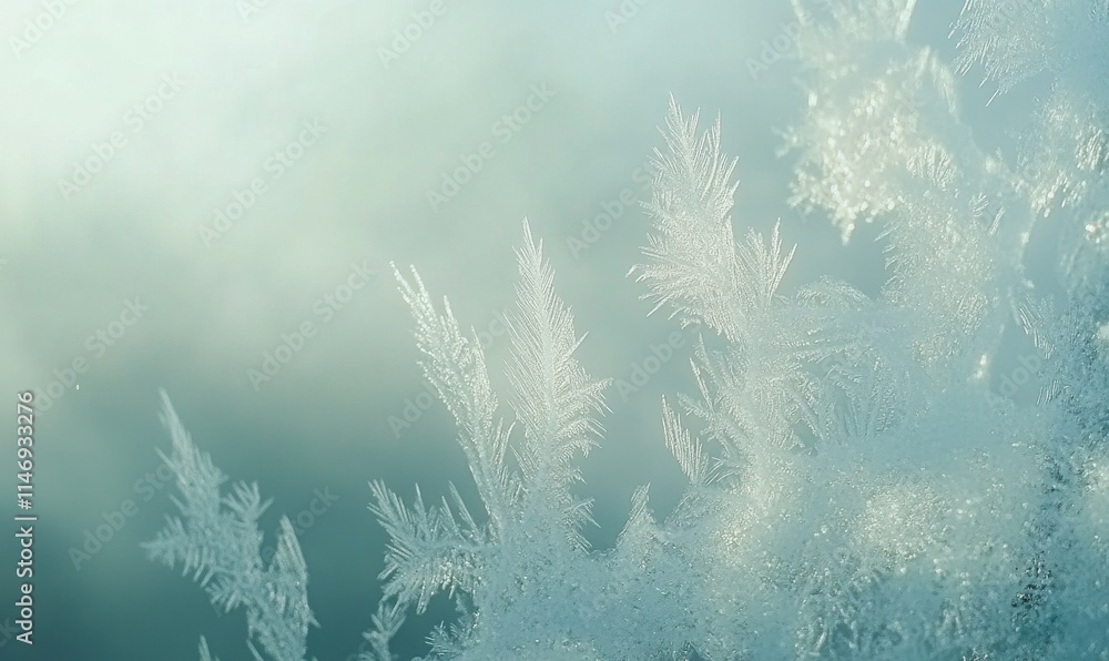 Poster intricate frost patterns on a windowpane, soft light enhancing every icy line. .