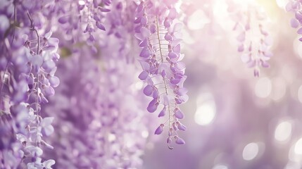 Obraz premium Purple wisteria blossoms hanging from a pergola, soft focus shot, Minimalist style