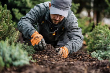 Image of smiling landscaping and gardening contractor in backyard garden generative ai