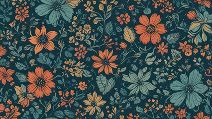 Dark teal seamless floral pattern with orange and turquoise flowers