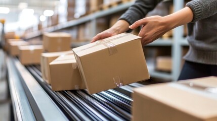 cardboard parcel on distribution line in warehouse distribution center.