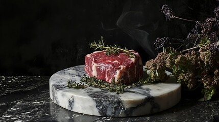 Dry aged porterhouse steak fillet centerpiece sliced beautifully garnished with herbs rustic American setting