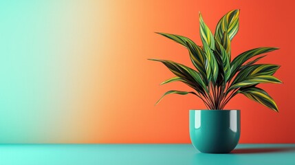 Obraz premium Colorful potted plant on a blue table with vibrant light and shadow